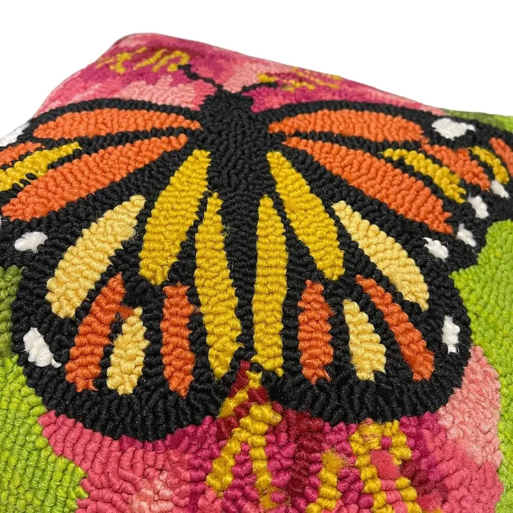 Plow & Hearth Monarch Butterfly Hooked Pillow Floral Outdoor 18x18